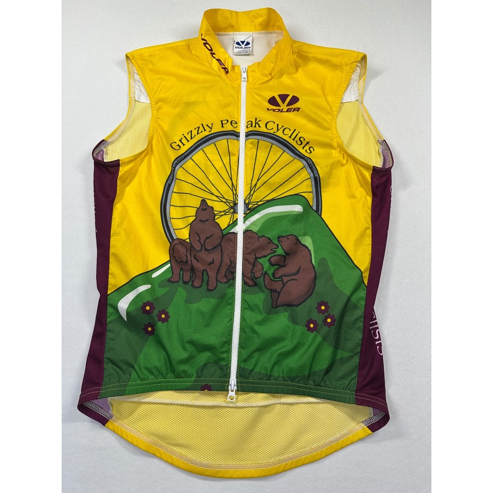 Vtg Voler Cycling Vest Medium Yellow Grizzly Peak Cyclists Bear Graphic Biking